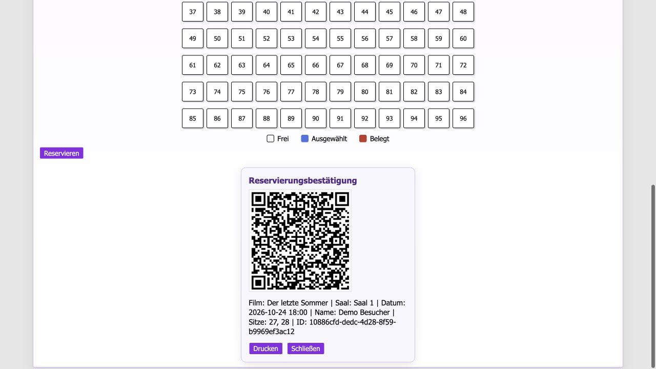 Созданное бронирование с номерами мест и QR-билетом.