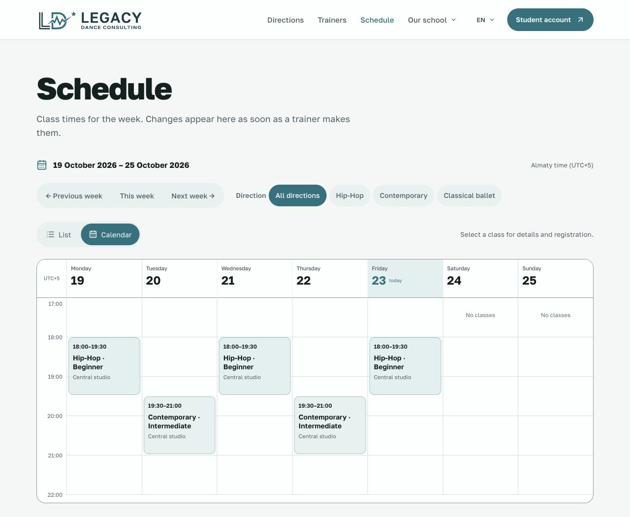 Weekly class calendar with filters and enrolment links.