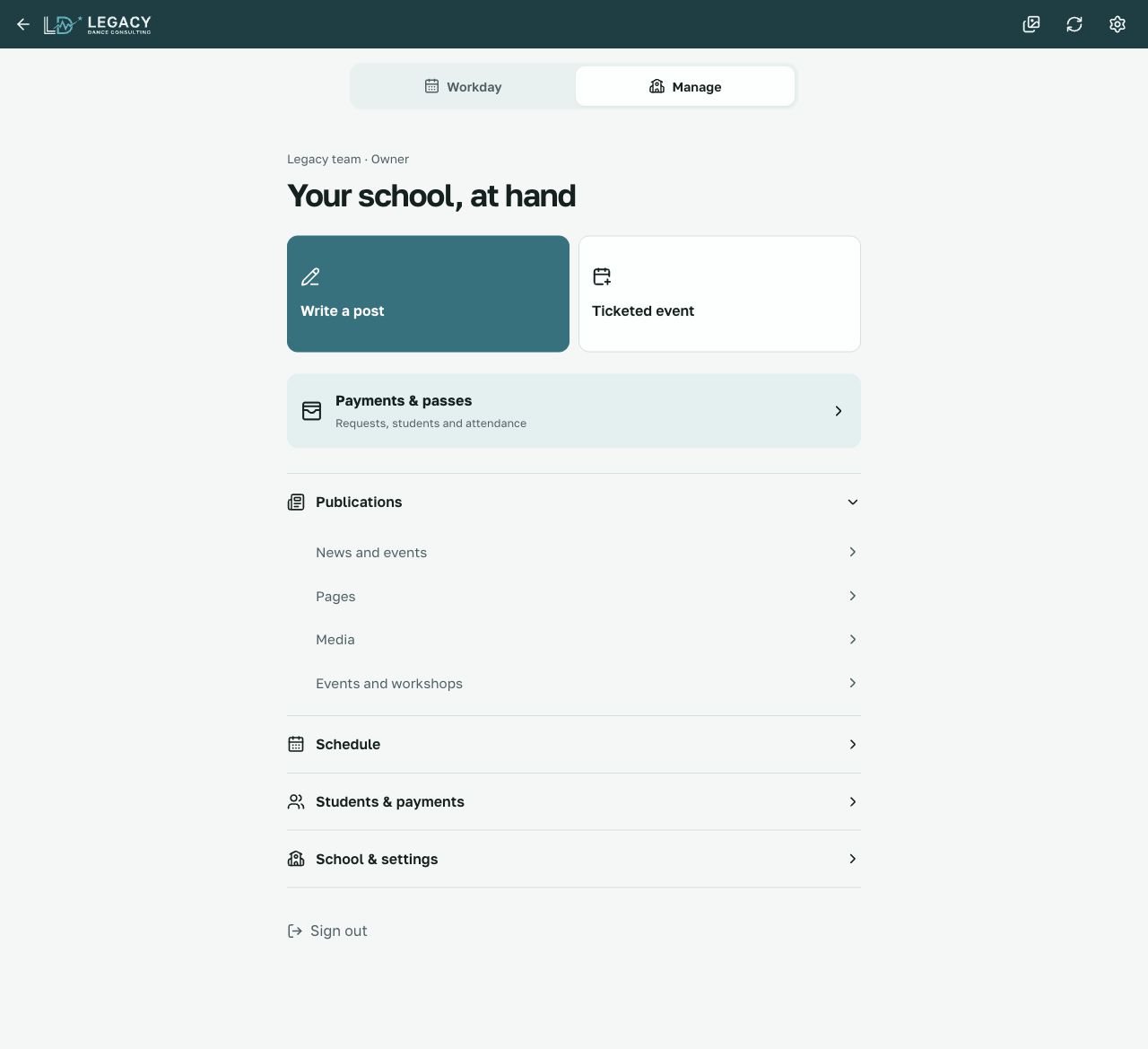 Staff workspace for school content and operations.