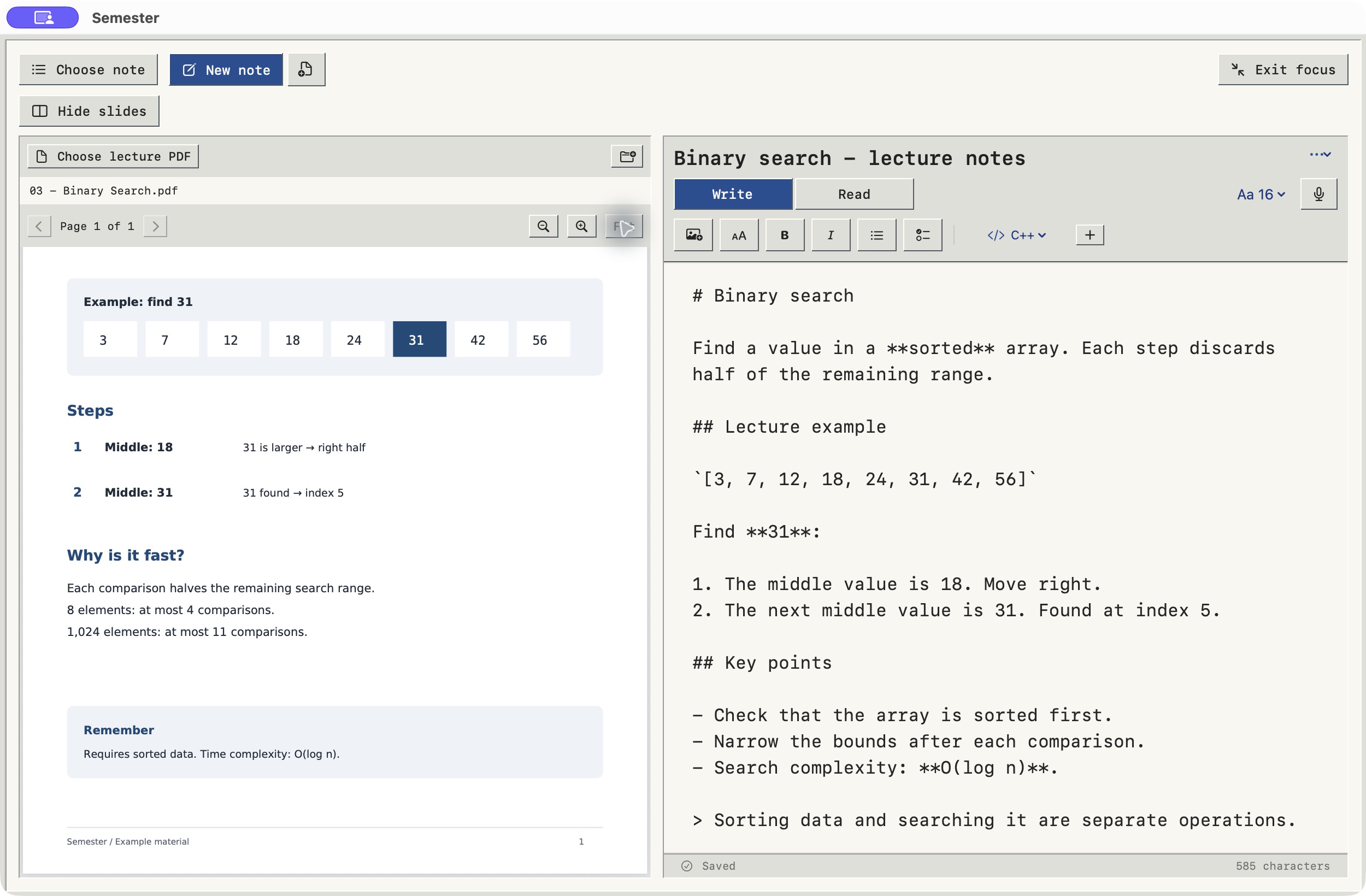 A PDF lecture and its Markdown note side by side.
