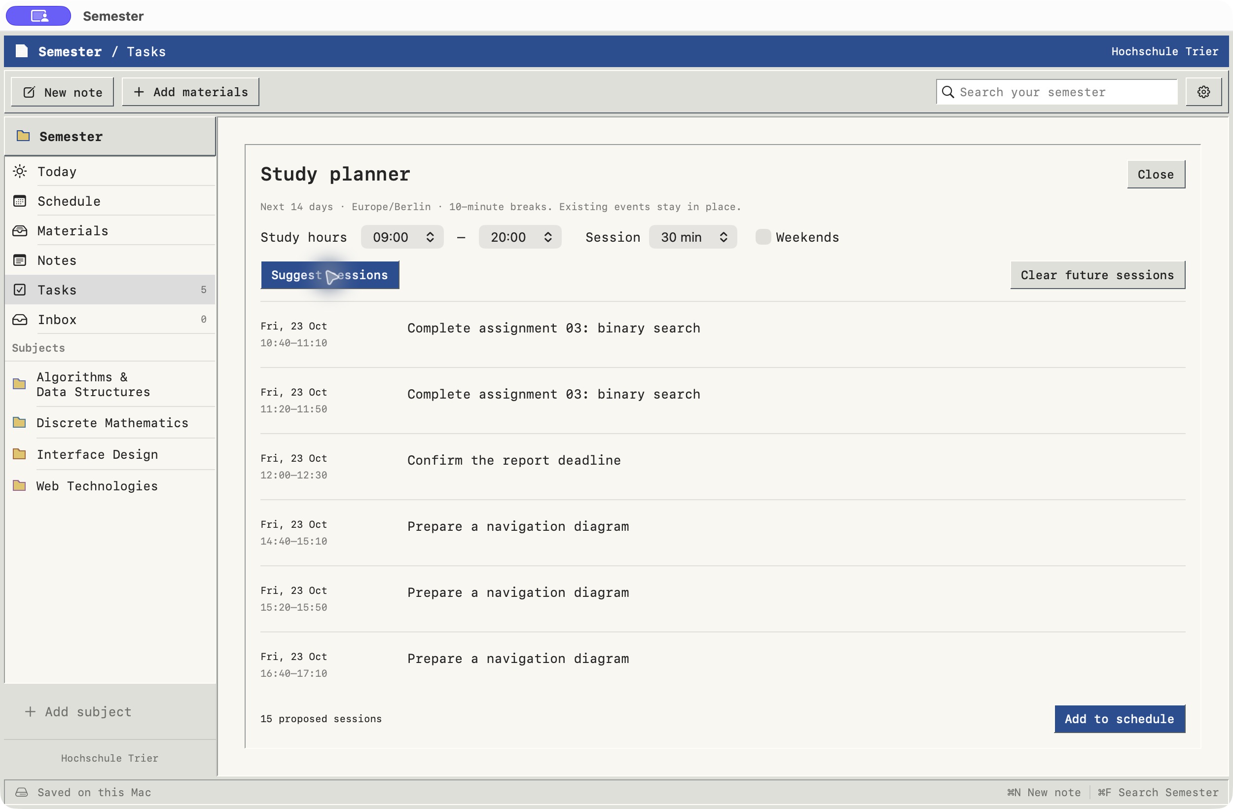 Study sessions suggested around existing classes.