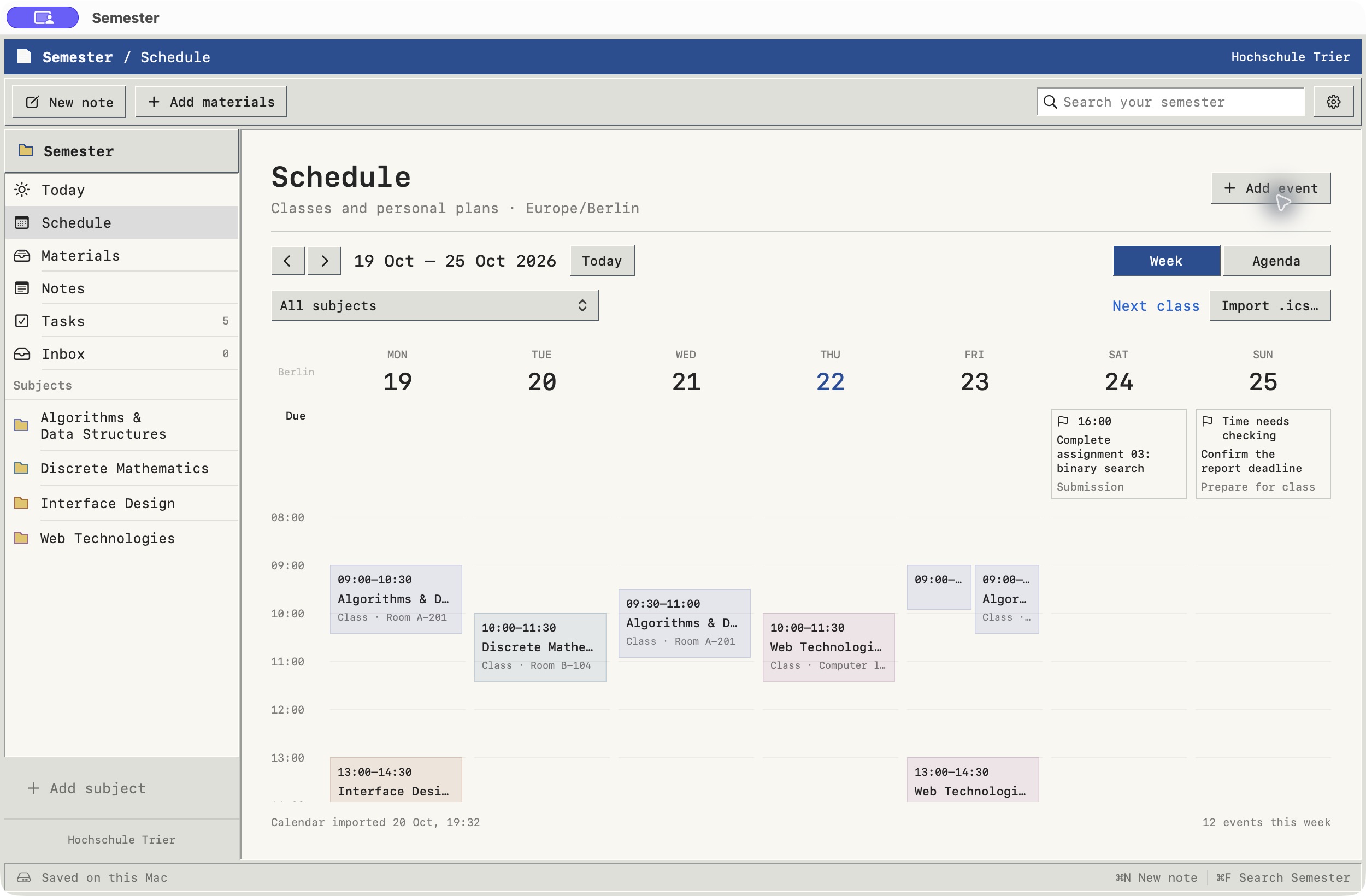 Weekly class timetable.